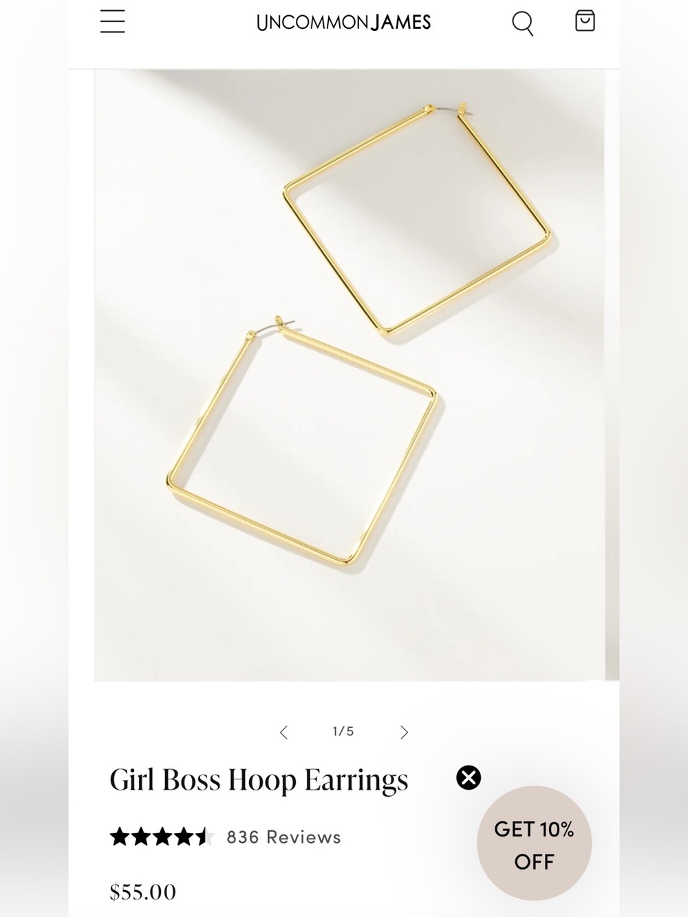 Uncommon James Gold Girl Boss medium square Hoop Earrings with Branded Pouch